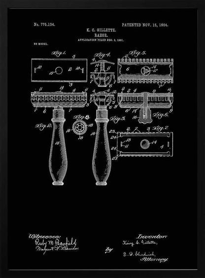 A framed black and white patent illustration for K.C. Gillette's razor, dated 1904. The technical drawing shows multiple views and components of the safety razor against a black background, complete with labels, inventor's name, and patent number. Decor