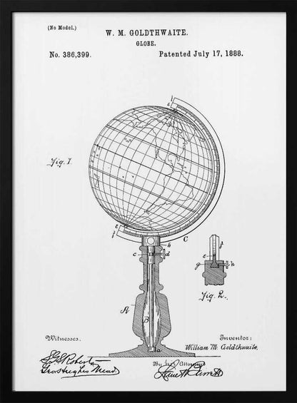 A framed black and white patent illustration for a globe, patented by W. M. Goldthwaite on July 17, 1888. The image features a detailed diagram of the globe on its stand, labeled 'Fig. 1', along with a smaller detail view, 'Fig. 2'. The patent number, inventor's name, and signatures are visible. Poster