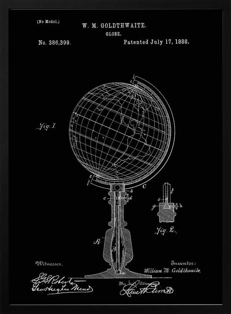 A vintage patent illustration for a globe by W. M. Goldthwaite, dated July 17, 1888. The design, shown in white lines on a black background, features a detailed technical drawing of the globe on its stand, complete with diagrams, labels, and signatures. Decor