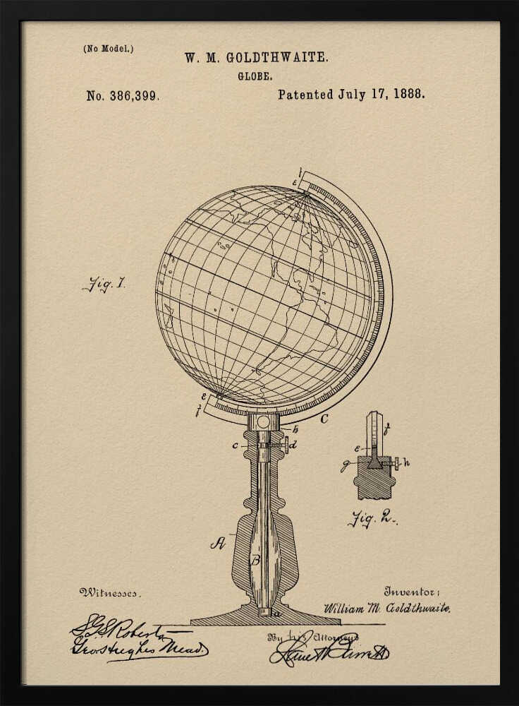 A framed vintage patent illustration for a globe invented by W. M. Goldthwaite, dated July 17, 1888. The artwork, on aged beige paper, features detailed black line drawings of the globe on its stand, complete with labels, technical cross-sections, and signatures. Artwork