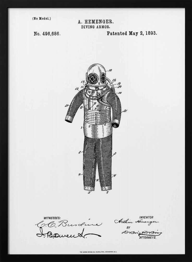 A framed black and white patent illustration for A. Hemenger's 'Diving Armor,' dated May 2, 1893, showing a detailed technical drawing of a vintage deep-sea diving suit. Artwork