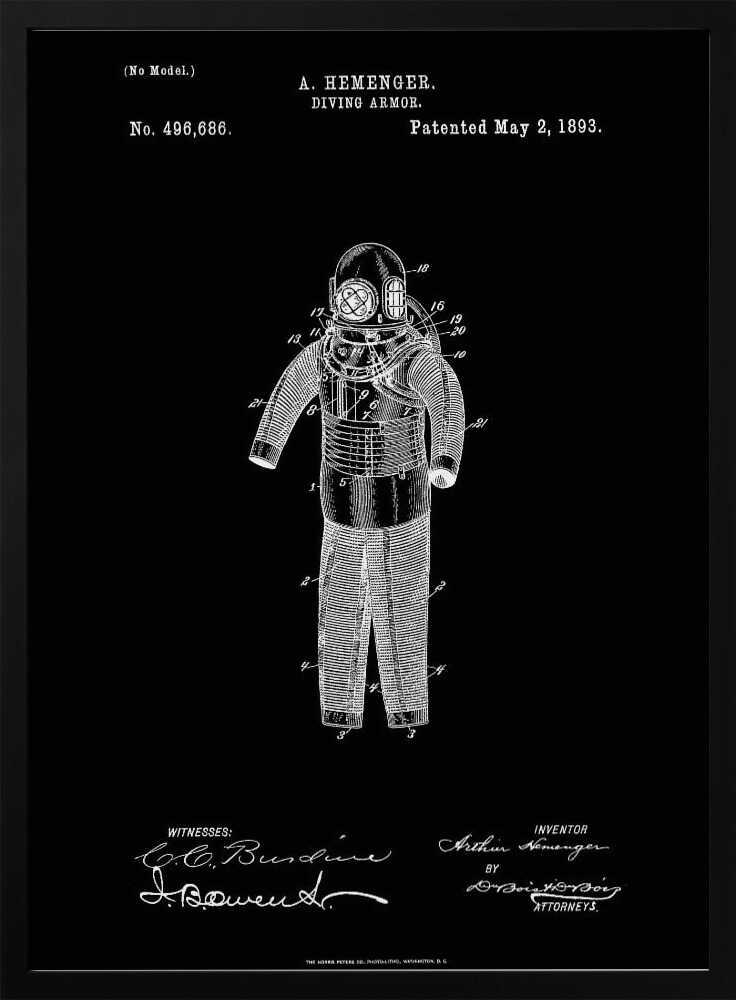 A framed vintage patent illustration for 'DIVING ARMOR' by A. Hemenger, patented May 2, 1893. The image shows a white line drawing of an antique diving suit on a solid black background, complete with technical numbers, inventor's name, and signatures. Artwork