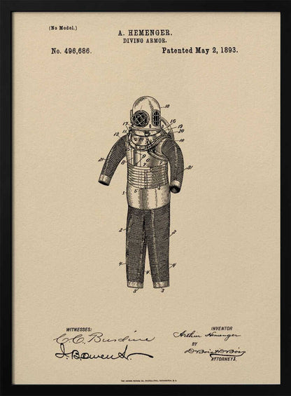A framed vintage patent illustration for 'DIVING ARMOR' by A. Hemenger, dated May 2, 1893. The detailed black ink drawing of an old-fashioned diving suit is centered on beige, parchment-style paper, with official text and signatures below. Print
