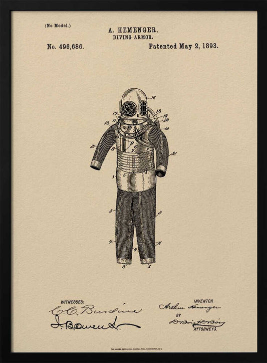 A framed vintage patent illustration for 'DIVING ARMOR' by A. Hemenger, dated May 2, 1893. The detailed black ink drawing of an old-fashioned diving suit is centered on beige, parchment-style paper, with official text and signatures below. Print
