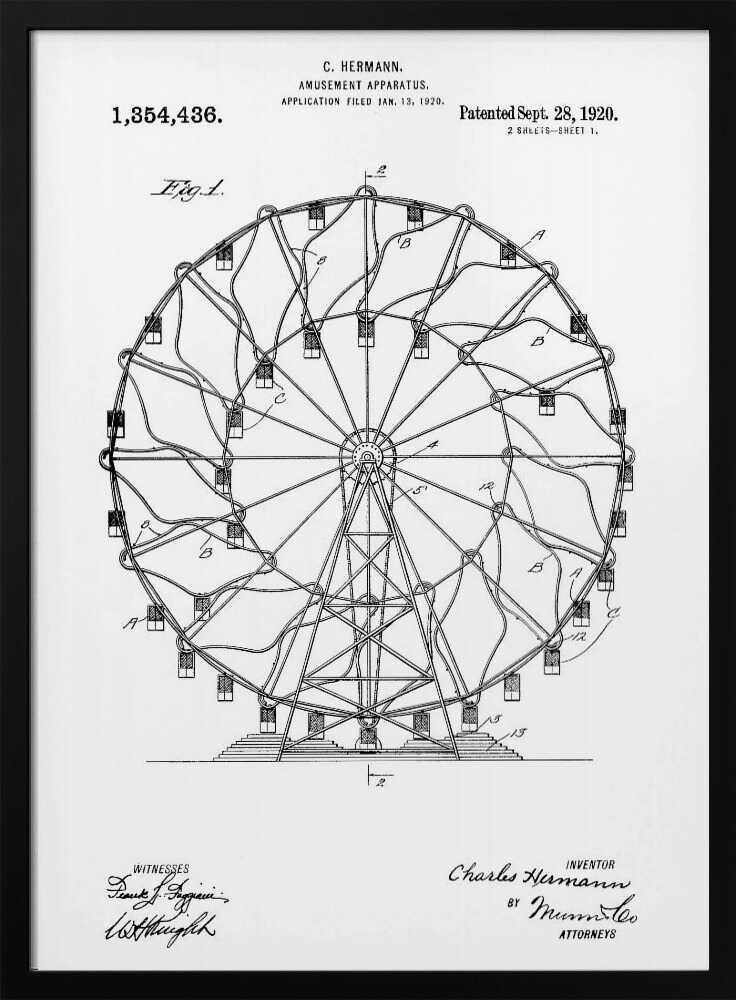 A framed black and white patent illustration for C. Hermann's 'Amusement Apparatus,' dated 1920. The drawing shows a detailed technical schematic of a Ferris wheel, complete with its structural support, spokes, and passenger cars. Text on the document includes the patent number, inventor's name, and witness signatures. Wall Art