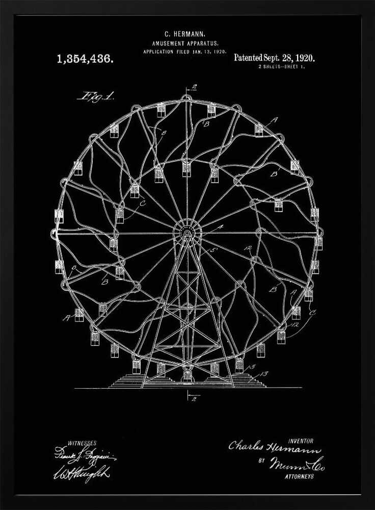 A framed patent illustration of a Ferris wheel from 1920, presented in a blueprint style with white lines and text on a black background. The technical drawing details the structure of the amusement apparatus and includes the inventor's name, patent number, and date. Decor