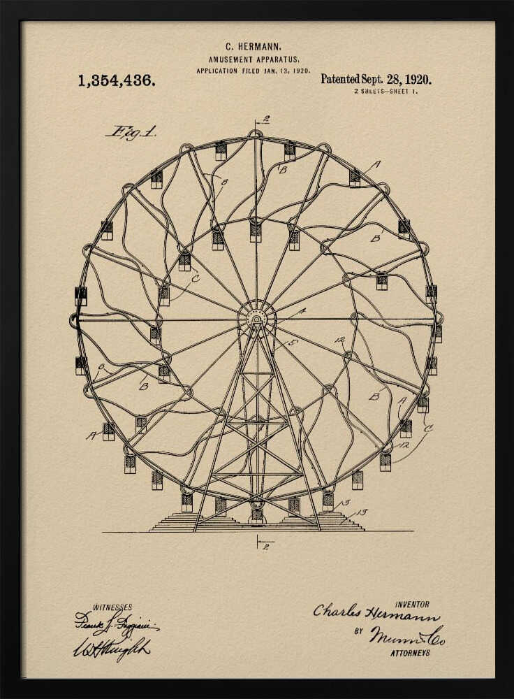 A framed vintage patent illustration of a Ferris wheel from 1920. The technical drawing is in black ink on aged beige paper, detailing the structure of the amusement apparatus. Text at the top identifies the inventor, C. Hermann, and the patent date, September 28, 1920. Decor