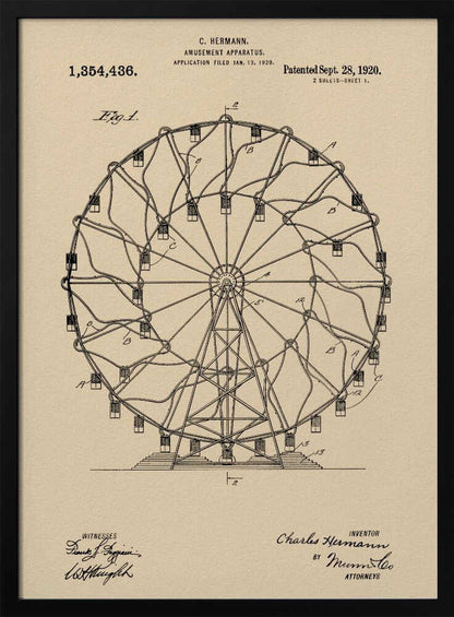 A framed vintage patent illustration of a Ferris wheel from 1920. The technical drawing is in black ink on aged beige paper, detailing the structure of the amusement apparatus. Text at the top identifies the inventor, C. Hermann, and the patent date, September 28, 1920. Decor
