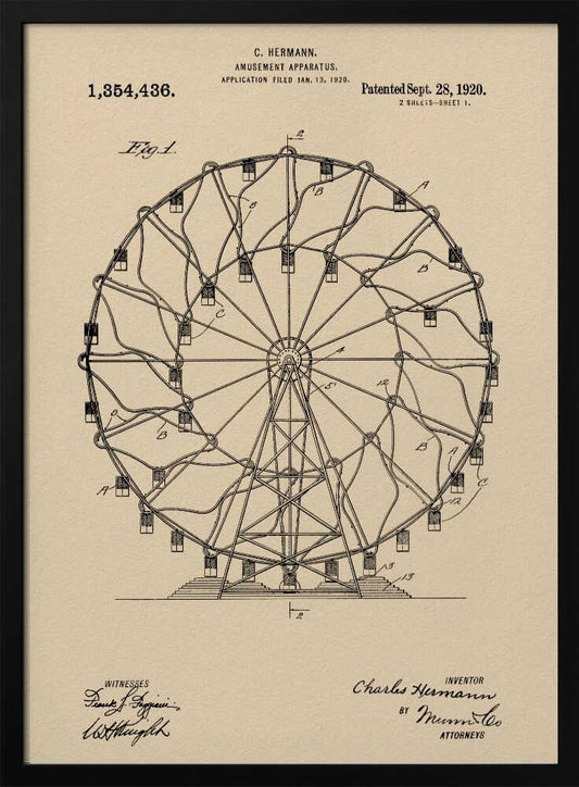 A framed vintage patent illustration of a Ferris wheel from 1920. The technical drawing is in black ink on aged beige paper, detailing the structure of the amusement apparatus. Text at the top identifies the inventor, C. Hermann, and the patent date, September 28, 1920. Decor