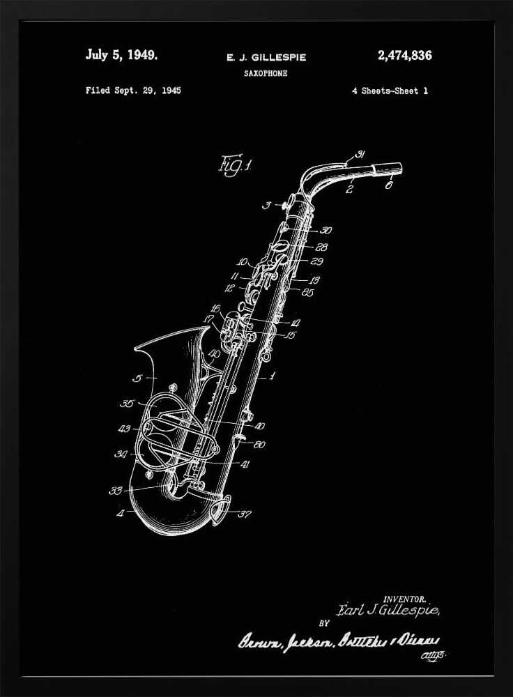 A framed black and white patent illustration for a saxophone, dated July 5, 1949. The image features a detailed schematic of the instrument as a white line drawing on a black background, with various parts numbered. Text at the top includes the date, inventor's name (E.J. Gillespie), and patent number. Wall Art