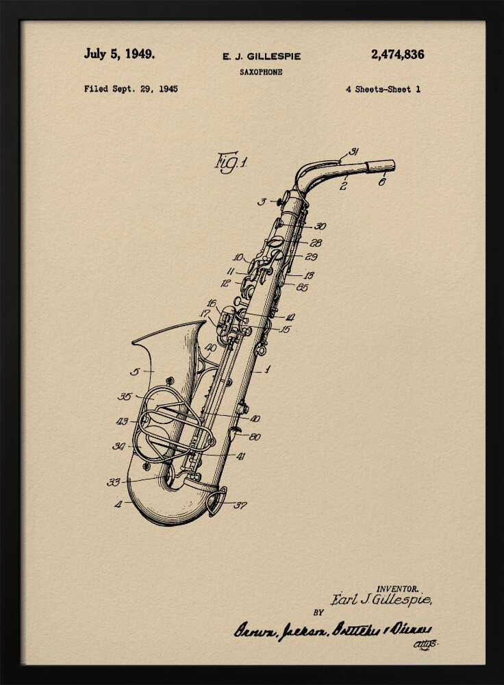 A framed vintage patent illustration of a saxophone, dated July 5, 1949. The detailed black line drawing is on a beige background and includes technical numbers pointing to different parts of the instrument. Artwork