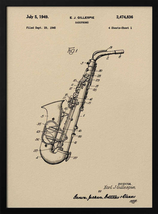A framed vintage patent illustration of a saxophone, dated July 5, 1949. The detailed black line drawing is on a beige background and includes technical numbers pointing to different parts of the instrument. Artwork