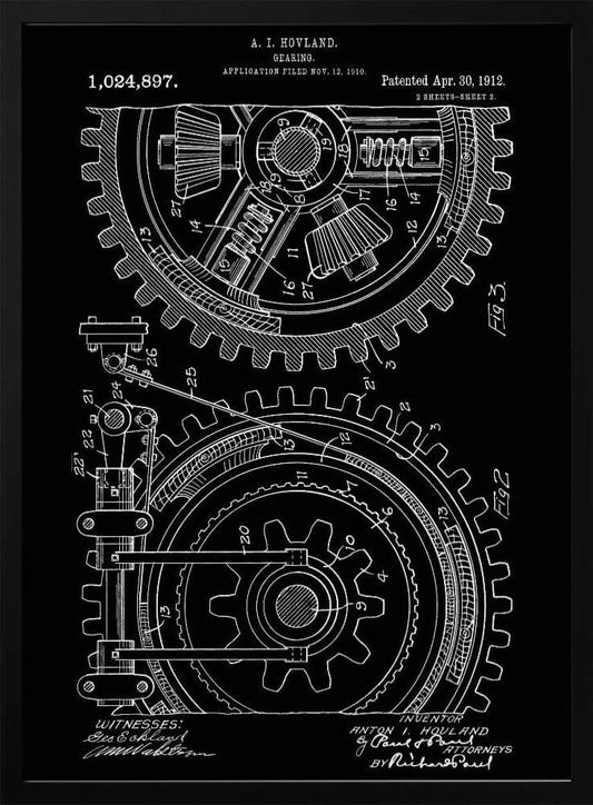 A vintage patent diagram from 1912 for a gearing mechanism, displayed as a white line drawing on a black background. The technical illustration shows two large interlocking gears in cross-section, with detailed components and numbered parts. Text at the top identifies the inventor, patent number, and dates. Decor
