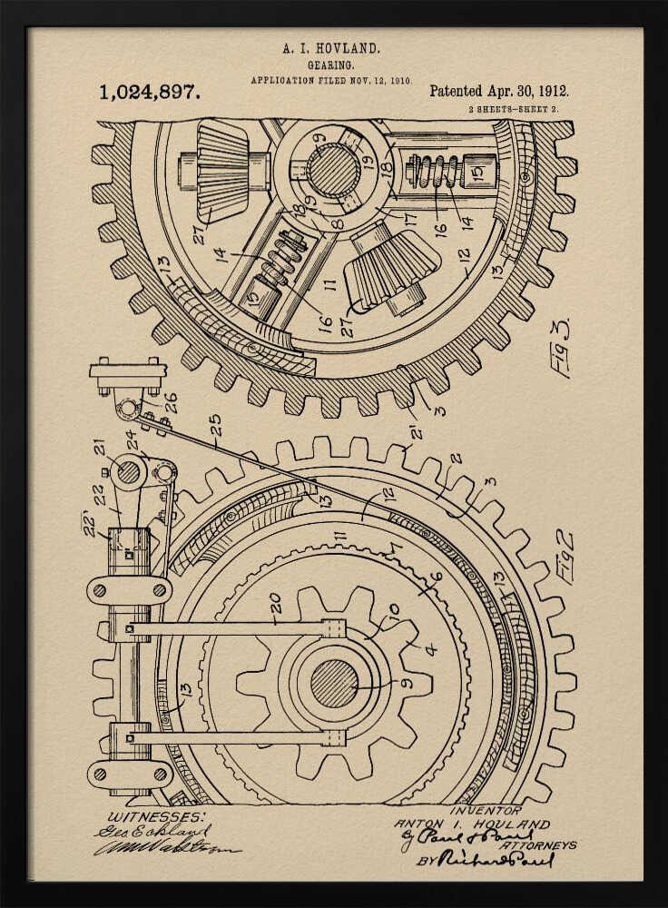 A framed vintage patent illustration of a complex gearing mechanism, dated April 30, 1912. The detailed black ink drawing on beige parchment paper shows two large interlocking gears with their internal components, complete with numbered parts and official text. Artwork