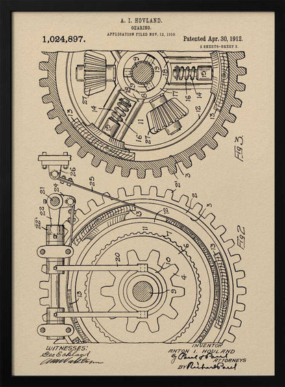A framed vintage patent illustration of a complex gearing mechanism, dated April 30, 1912. The detailed black ink drawing on beige parchment paper shows two large interlocking gears with their internal components, complete with numbered parts and official text. Artwork