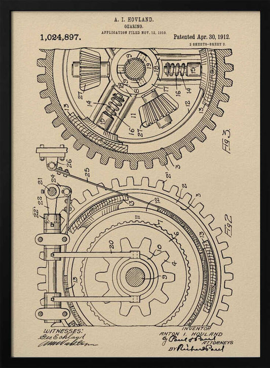 A framed vintage patent illustration of a complex gearing mechanism, dated April 30, 1912. The detailed black ink drawing on beige parchment paper shows two large interlocking gears with their internal components, complete with numbered parts and official text. Artwork