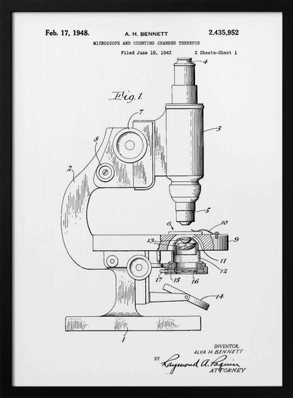 A framed patent illustration for a microscope, dated February 17, 1948. The black and white technical drawing shows a side view of the microscope with its various parts labeled with numbers. Text at the top provides patent details, and signatures are at the bottom. Wall Art