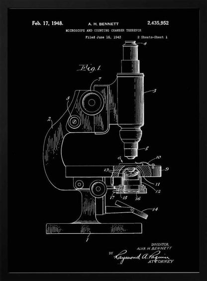 A framed patent illustration from 1948 for A. H. Bennett's microscope and counting chamber, depicted in a white-on-black blueprint style. The detailed diagram shows a side view of the microscope with various parts numbered for reference. Decor
