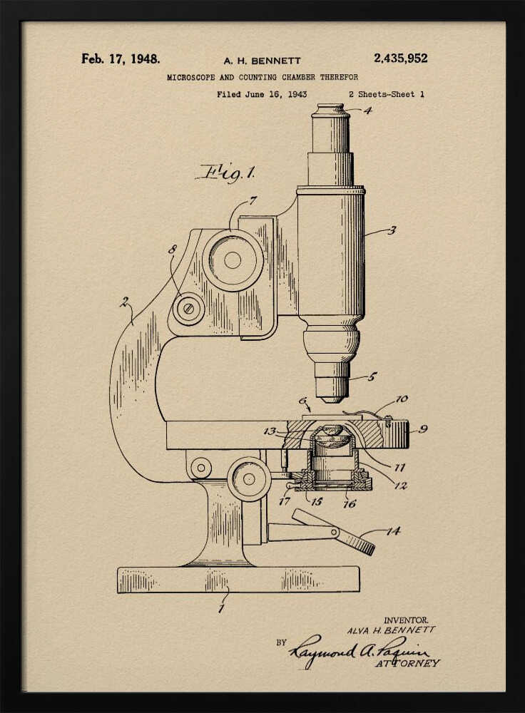 A framed vintage patent illustration for a microscope by A.H. Bennett, dated February 17, 1948. The black line drawing is on a tan, parchment-like background and shows a detailed side view of the microscope with its parts numbered, in the style of a technical blueprint. Wall Art