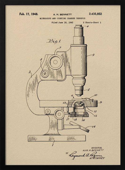 A framed vintage patent illustration for a microscope by A.H. Bennett, dated February 17, 1948. The black line drawing is on a tan, parchment-like background and shows a detailed side view of the microscope with its parts numbered, in the style of a technical blueprint. Wall Art