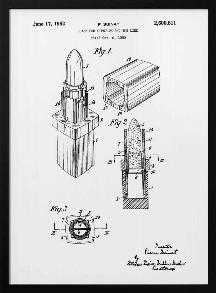 A framed black and white patent illustration for a lipstick case, dated June 17, 1952. The drawing, by inventor P. Suinat, shows detailed diagrams of the lipstick mechanism from different angles, including a perspective view, a cross-section, and a top-down view, all labeled with reference numbers. Poster