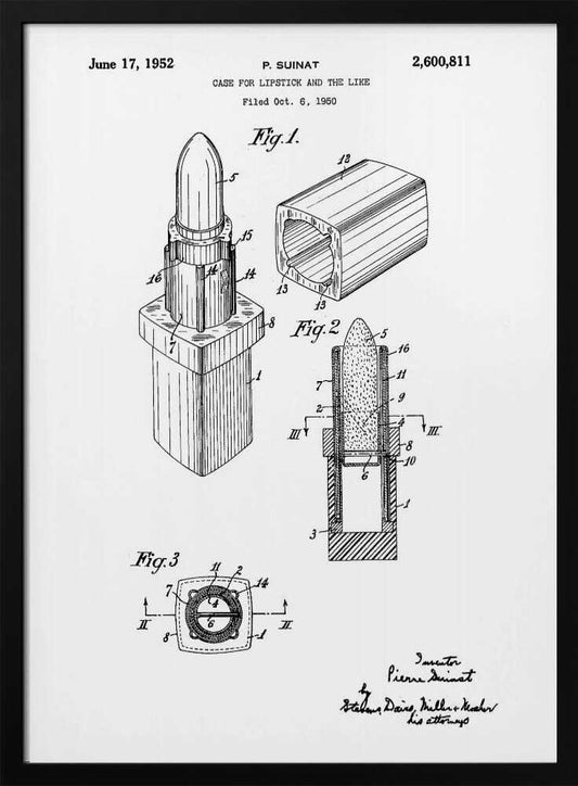 A framed black and white patent illustration for a lipstick case, dated June 17, 1952. The drawing, by inventor P. Suinat, shows detailed diagrams of the lipstick mechanism from different angles, including a perspective view, a cross-section, and a top-down view, all labeled with reference numbers. Poster