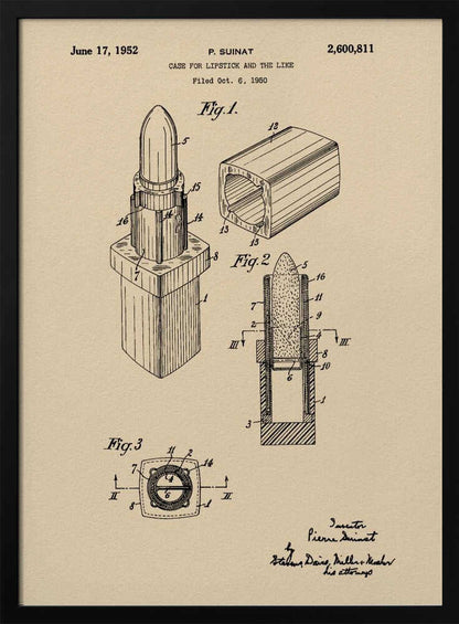 A framed vintage patent illustration for a lipstick case dated June 17, 1952. The schematic, printed in black ink on beige paper, displays various figures of the lipstick and its casing from different perspectives, including a cross-section. Print