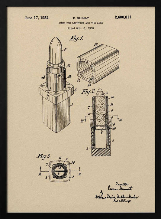 A framed vintage patent illustration for a lipstick case dated June 17, 1952. The schematic, printed in black ink on beige paper, displays various figures of the lipstick and its casing from different perspectives, including a cross-section. Print
