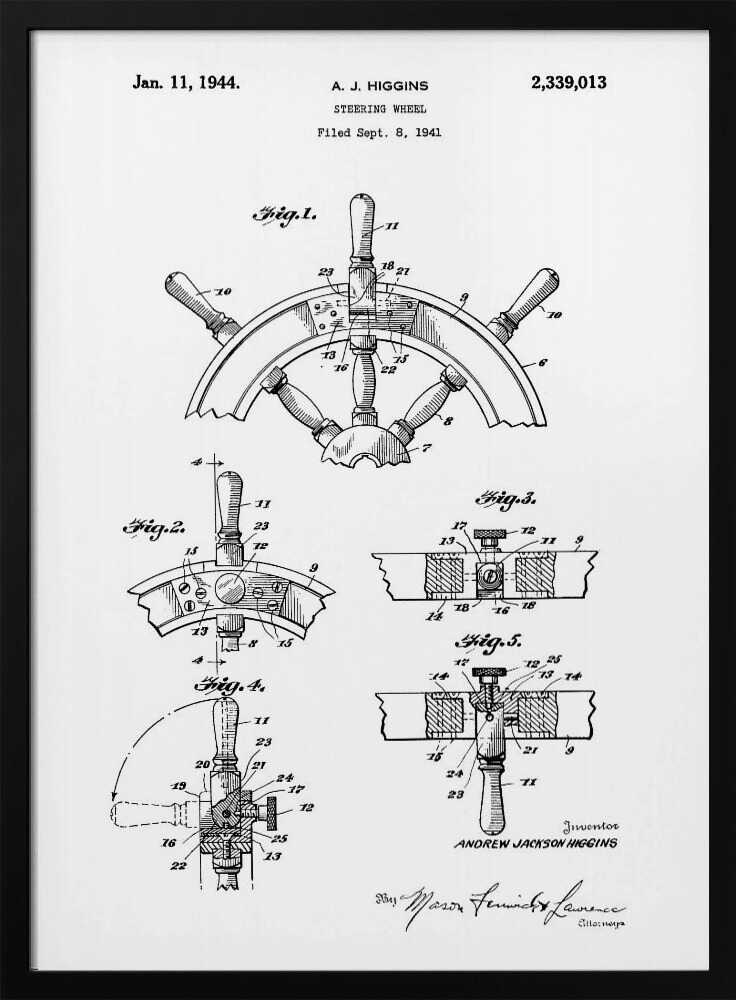 A framed black and white patent illustration for a steering wheel, invented by A. J. Higgins. The document, dated January 11, 1944, displays five detailed figures showing different views and cross-sections of the nautical wheel's construction. Wall Art