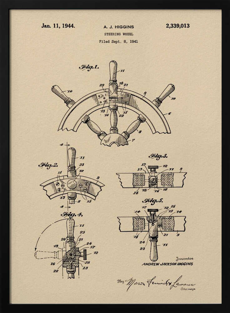 A framed art print of the 1944 patent for a steering wheel by A. J. Higgins. The print features detailed technical drawings in black ink on a beige, parchment-like background, showing various angles and cross-sections of the ship's wheel. The text includes the patent number, date, and inventor's name. Print