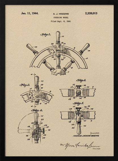 A framed art print of the 1944 patent for a steering wheel by A. J. Higgins. The print features detailed technical drawings in black ink on a beige, parchment-like background, showing various angles and cross-sections of the ship's wheel. The text includes the patent number, date, and inventor's name. Print