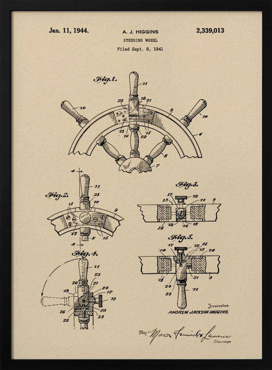 A framed art print of the 1944 patent for a steering wheel by A. J. Higgins. The print features detailed technical drawings in black ink on a beige, parchment-like background, showing various angles and cross-sections of the ship's wheel. The text includes the patent number, date, and inventor's name. Print