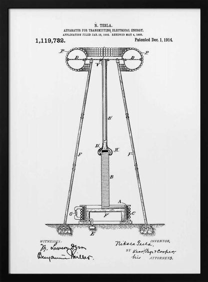 A framed black and white patent illustration by Nikola Tesla for an 'APPARATUS FOR TRANSMITTING ELECTRICAL ENERGY,' dated 1914. The technical drawing shows a large coil and tower structure with labeled parts, and includes signatures of the inventor and witnesses at the bottom. Wall Art