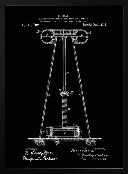 A framed black and white patent illustration by Nikola Tesla for his 'Apparatus for Transmitting Electrical Energy.' The diagram, dated December 1, 1914, shows a large coil and tower structure, with signatures of the inventor and witnesses at the bottom. Decor