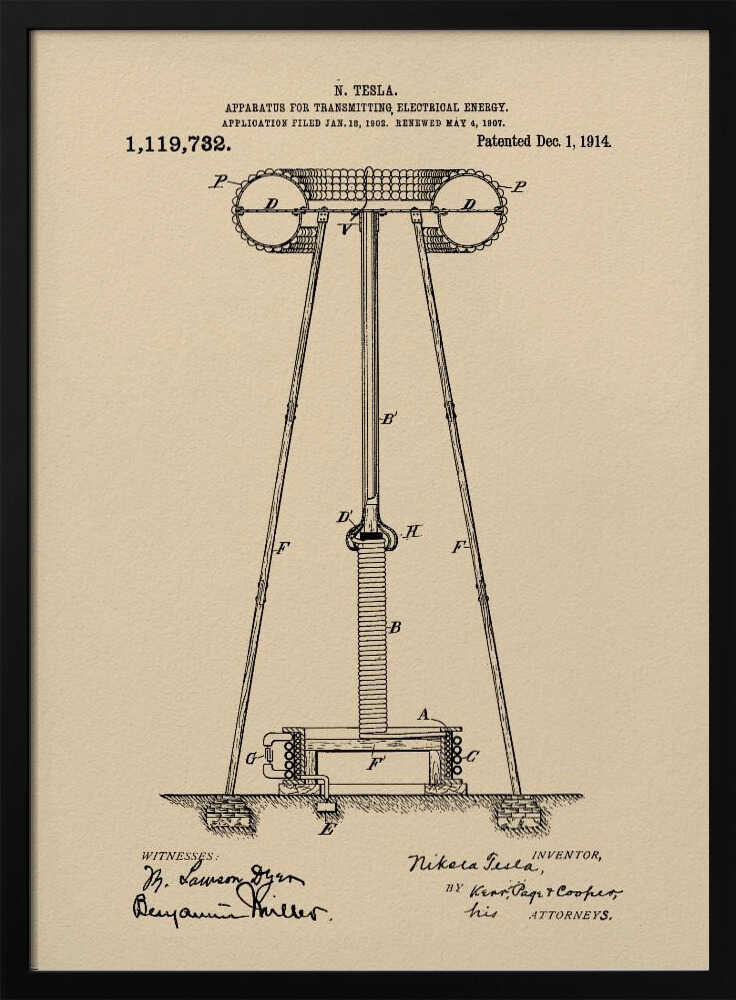A framed vintage patent print of Nikola Tesla's 'Apparatus for Transmitting Electrical Energy,' dated 1914. The illustration shows a detailed technical drawing of a large tower-like structure on a beige parchment-style background, complete with patent number, dates, and signatures. Print