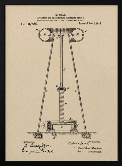 A framed vintage patent print of Nikola Tesla's 'Apparatus for Transmitting Electrical Energy,' dated 1914. The illustration shows a detailed technical drawing of a large tower-like structure on a beige parchment-style background, complete with patent number, dates, and signatures. Print
