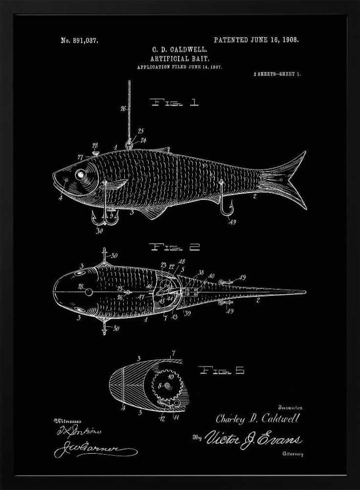 A vintage patent illustration for an 'Artificial Bait' by C.D. Caldwell, patented June 16, 1908. The artwork is a black and white blueprint-style drawing on a black background, showing multiple figures of a mechanical fishing lure with hooks. Wall Art