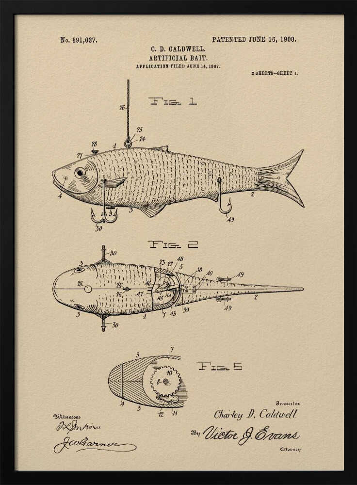 A framed vintage patent illustration for an artificial fishing bait, dated 1908. The technical drawing on beige paper shows multiple views of a fish-shaped lure, including its internal mechanics and hooks, complete with inventor and witness signatures. Decor
