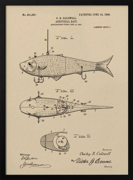 A framed vintage patent illustration for an artificial fishing bait, dated 1908. The technical drawing on beige paper shows multiple views of a fish-shaped lure, including its internal mechanics and hooks, complete with inventor and witness signatures. Decor