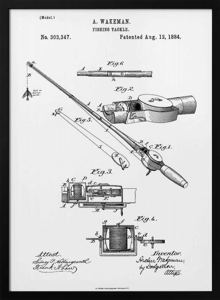 A framed black and white patent illustration for A. Wakeman's 'Fishing Tackle', patented August 12, 1884. The drawing shows detailed diagrams and cross-sections of a fishing rod and reel, labeled with figures and letters. Text includes the patent number, date, inventor's name, and attest signatures. Artwork