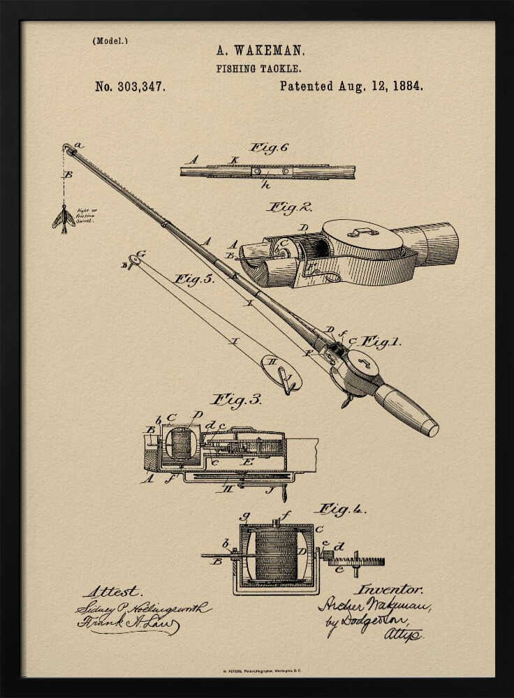 A framed vintage patent illustration for 'Fishing Tackle' by A. Wakeman, dated August 12, 1884. The artwork, in black ink on beige parchment-style paper, features detailed technical drawings of a fishing rod and reel from various angles. Print