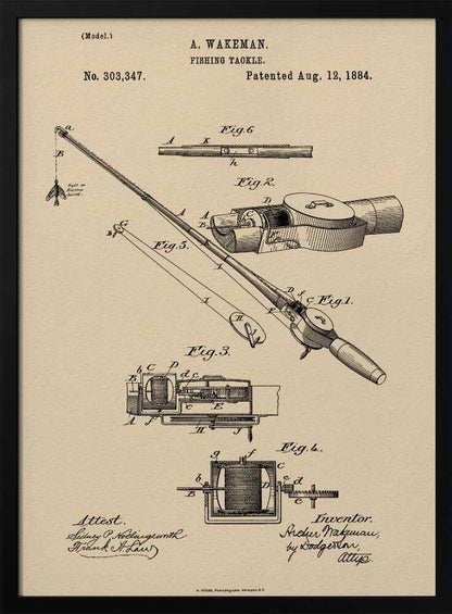 A framed vintage patent illustration for 'Fishing Tackle' by A. Wakeman, dated August 12, 1884. The artwork, in black ink on beige parchment-style paper, features detailed technical drawings of a fishing rod and reel from various angles. Print