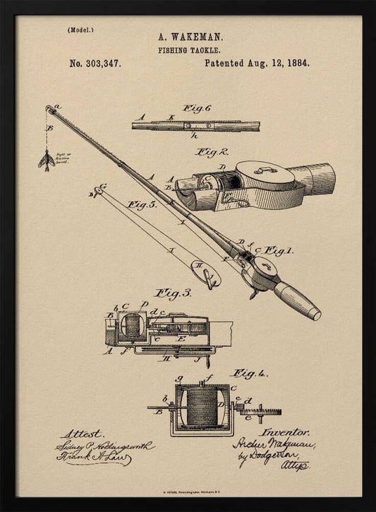 A framed vintage patent illustration for 'Fishing Tackle' by A. Wakeman, dated August 12, 1884. The artwork, in black ink on beige parchment-style paper, features detailed technical drawings of a fishing rod and reel from various angles. Print