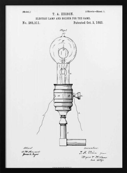 A framed black and white patent illustration for T. A. Edison's electric lamp and holder, dated October 3, 1882. The detailed diagram shows an early incandescent light bulb in its socket with wiring. Decor