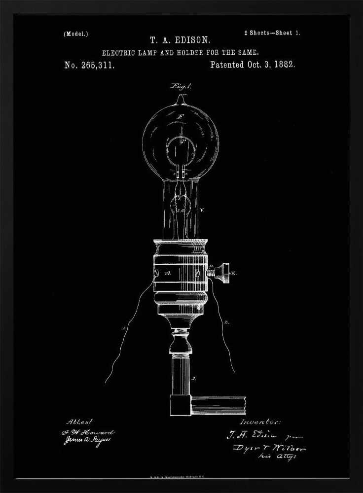 A framed black and white patent illustration for T. A. Edison's electric lamp and holder, dated October 3, 1882. The technical drawing shows a detailed schematic of an early light bulb and its base against a solid black background. Poster