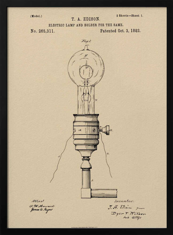 A framed vintage patent illustration for T.A. Edison's Electric Lamp and Holder, dated October 3, 1882. The detailed black line drawing on aged, beige paper shows a light bulb screwed into a holder with wires extending from it. Decor