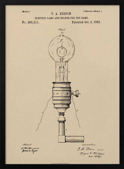 A framed vintage patent illustration for T.A. Edison's Electric Lamp and Holder, dated October 3, 1882. The detailed black line drawing on aged, beige paper shows a light bulb screwed into a holder with wires extending from it. Decor
