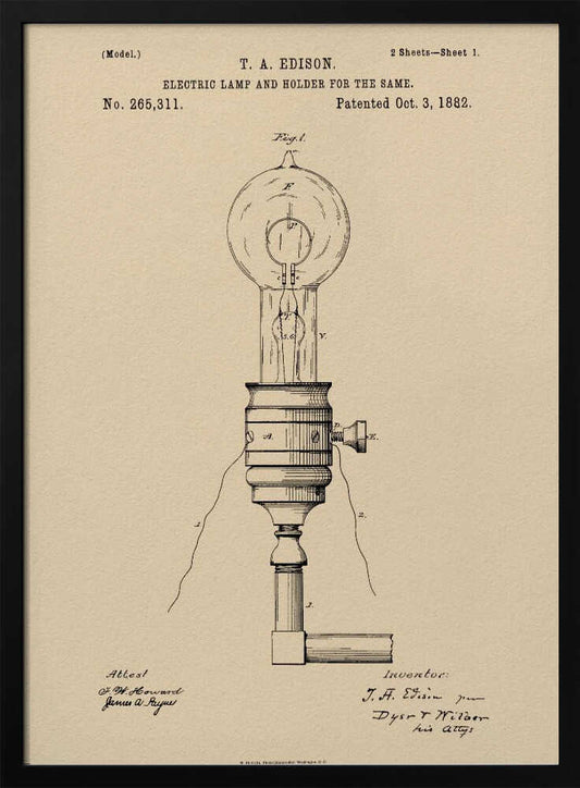 A framed vintage patent illustration for T.A. Edison's Electric Lamp and Holder, dated October 3, 1882. The detailed black line drawing on aged, beige paper shows a light bulb screwed into a holder with wires extending from it. Decor