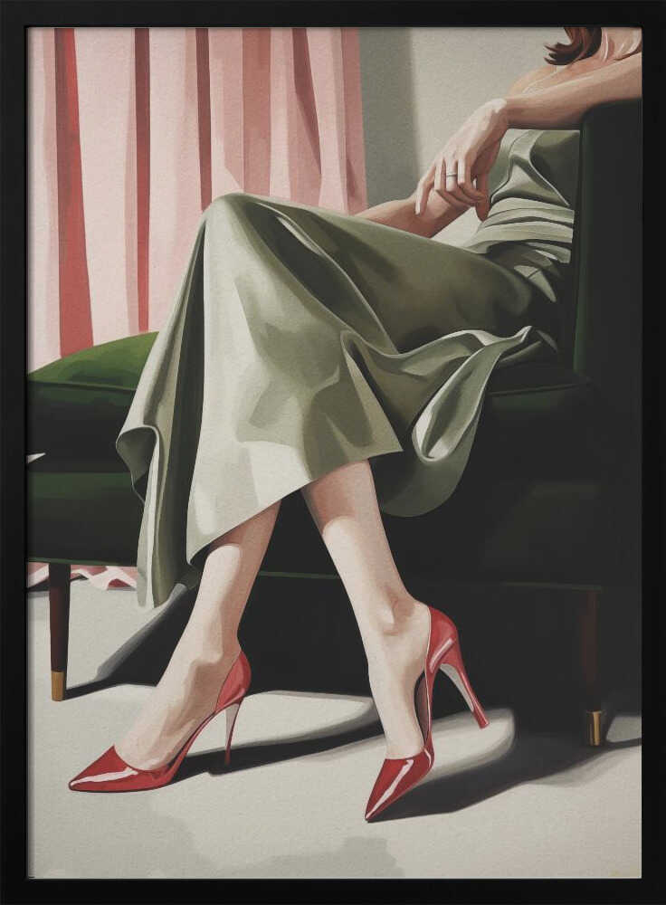 A painting of a woman from the torso down, sitting elegantly in a dark green armchair. She wears a flowing sage green dress and vibrant, glossy red stiletto heels. Behind her, pink curtains add a soft backdrop to the scene. Decor