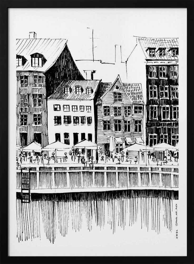 A black and white ink line drawing of a charming European city scene along a canal. Tall, narrow buildings with gabled roofs line the waterfront, in front of which is a bustling pier with outdoor cafes filled with people under umbrellas. The water's reflection is illustrated with simple vertical lines. The artwork is framed in black. Wall Art